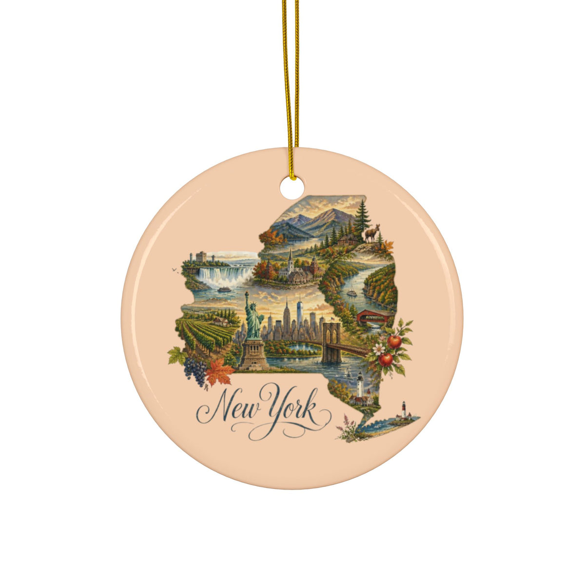 New York State Map Ornament | Ceramic Ornament - 2.99" includes gold string