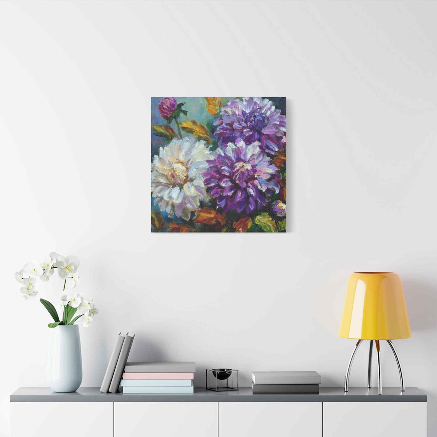 Dahlias Floral Print Canvas, Floral Oil Paint Print 20x20, 24x24, 30x30, 32x32, 36x36 Art Design Pine-Wood Inner Frame MC-173