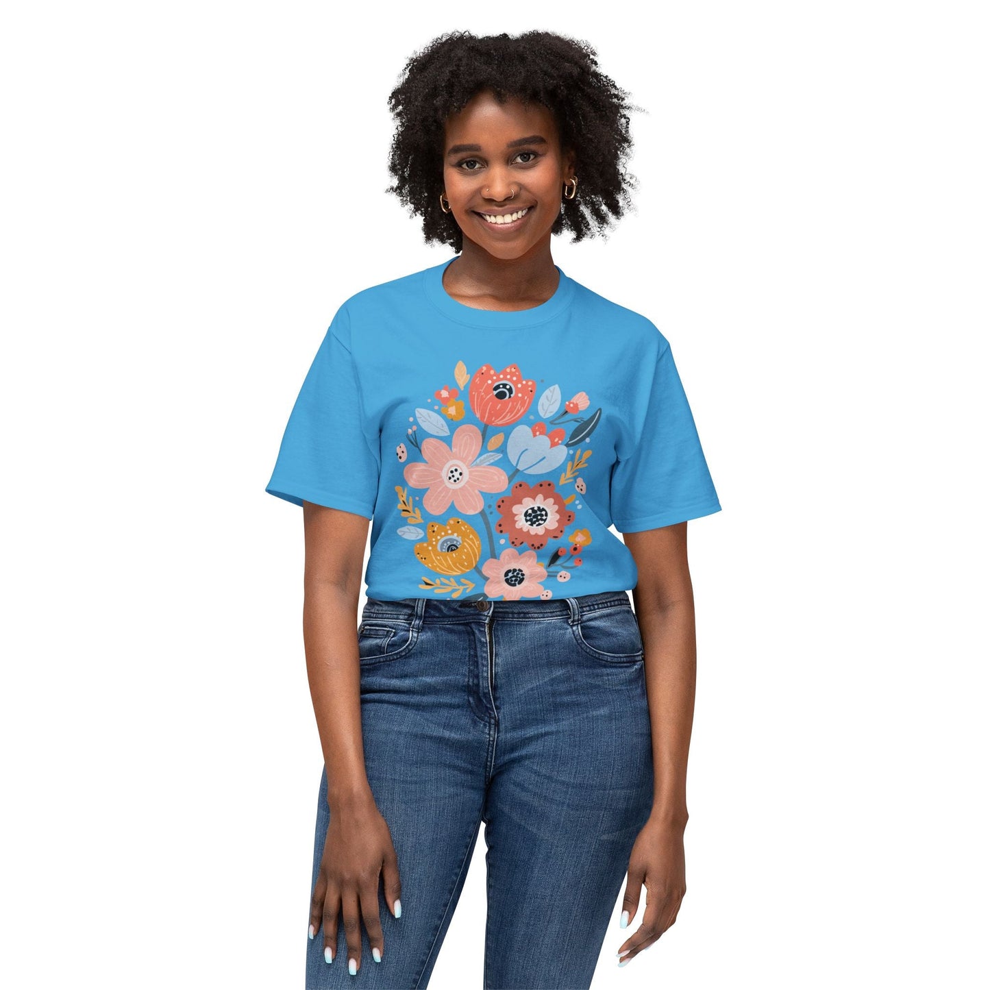Unisex Floral Art T Shirt with Vintage Flowers Print One Hundred Percent Cotton Tee Printed In USA