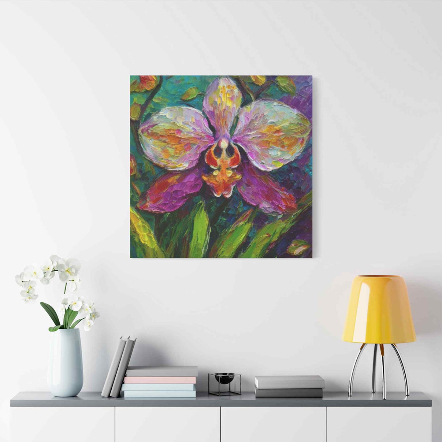 Purple Orchid Print Canvas, Floral Oil Paint Print 20x20, 24x24, 30x30, 32x32, 36x36 Art Design Pine-Wood Inner Frame MC-129