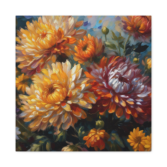 Chrysanthemums Print Canvas, Floral Oil Paint Print 20x20, 24x24, 30x30, 32x32, 36x36 Art Design Pine-Wood Inner Frame MC-157