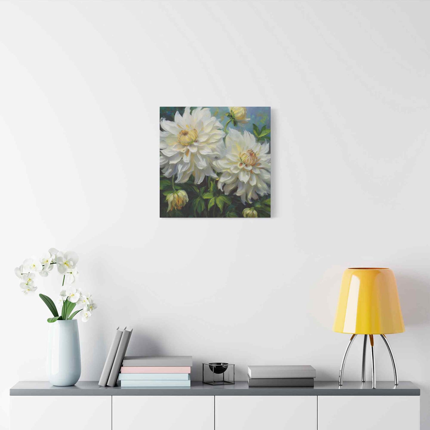 White Dahlias Print Canvas, Floral Oil Paint Print 20x20, 24x24, 30x30, 32x32, 36x36 Art Design Pine-Wood Inner Frame MC-170