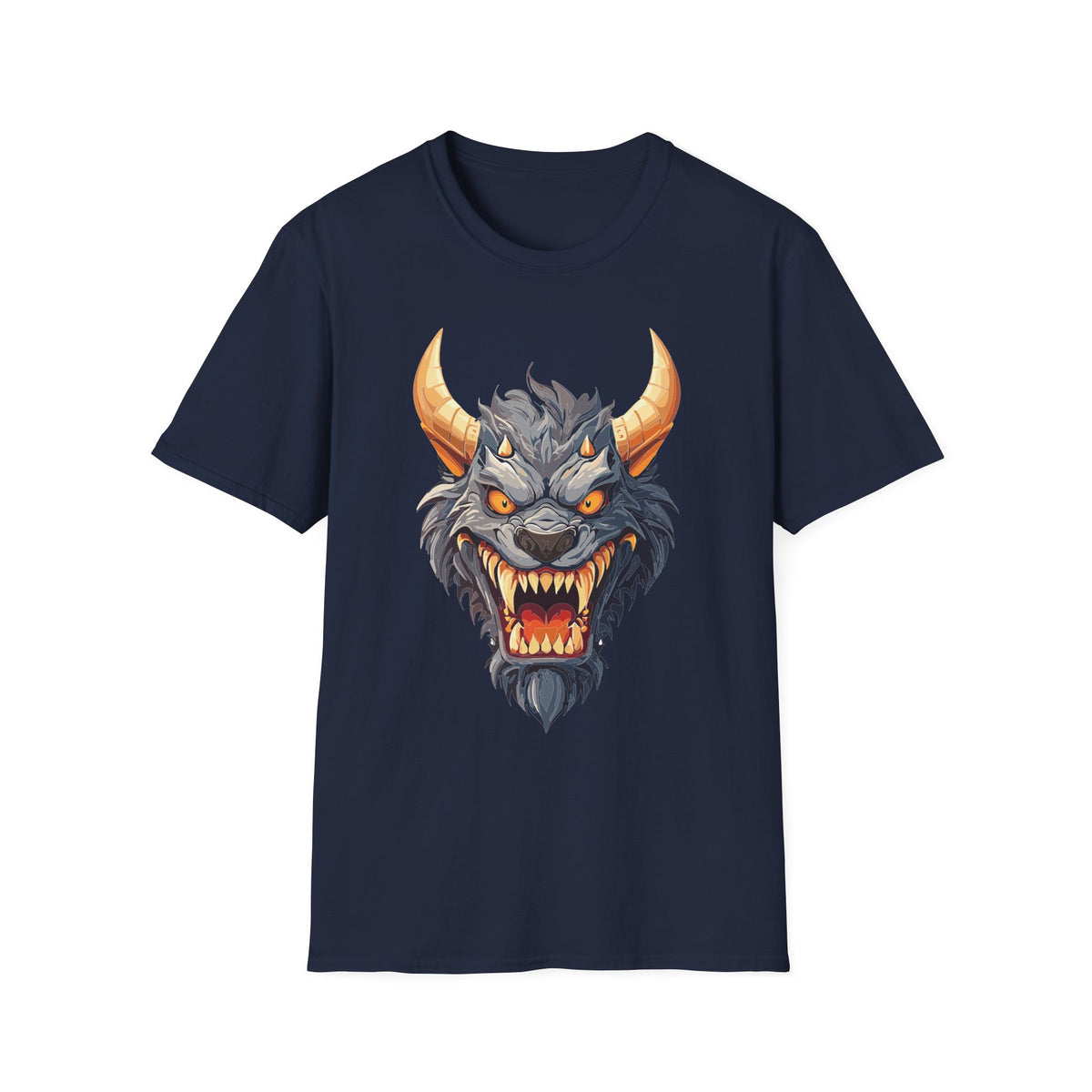 Demonic Beast Head T-Shirt — Horned Monster Cartoon Graphic Tee Unisex 100 Cotton Gildan T-Shirt