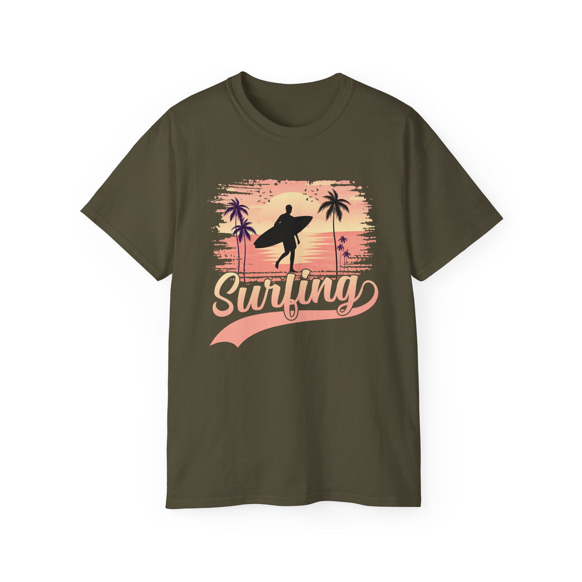 Surfing Silhouette Sunset T-Shirt | Palm Trees, Retro Wave Graphic