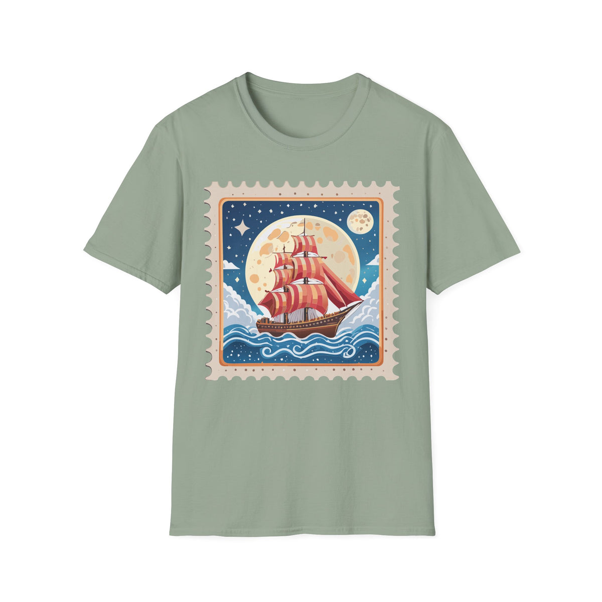 Red Sail Ship Moon Stamp T-Shirt | Nautical Vintage Illustration