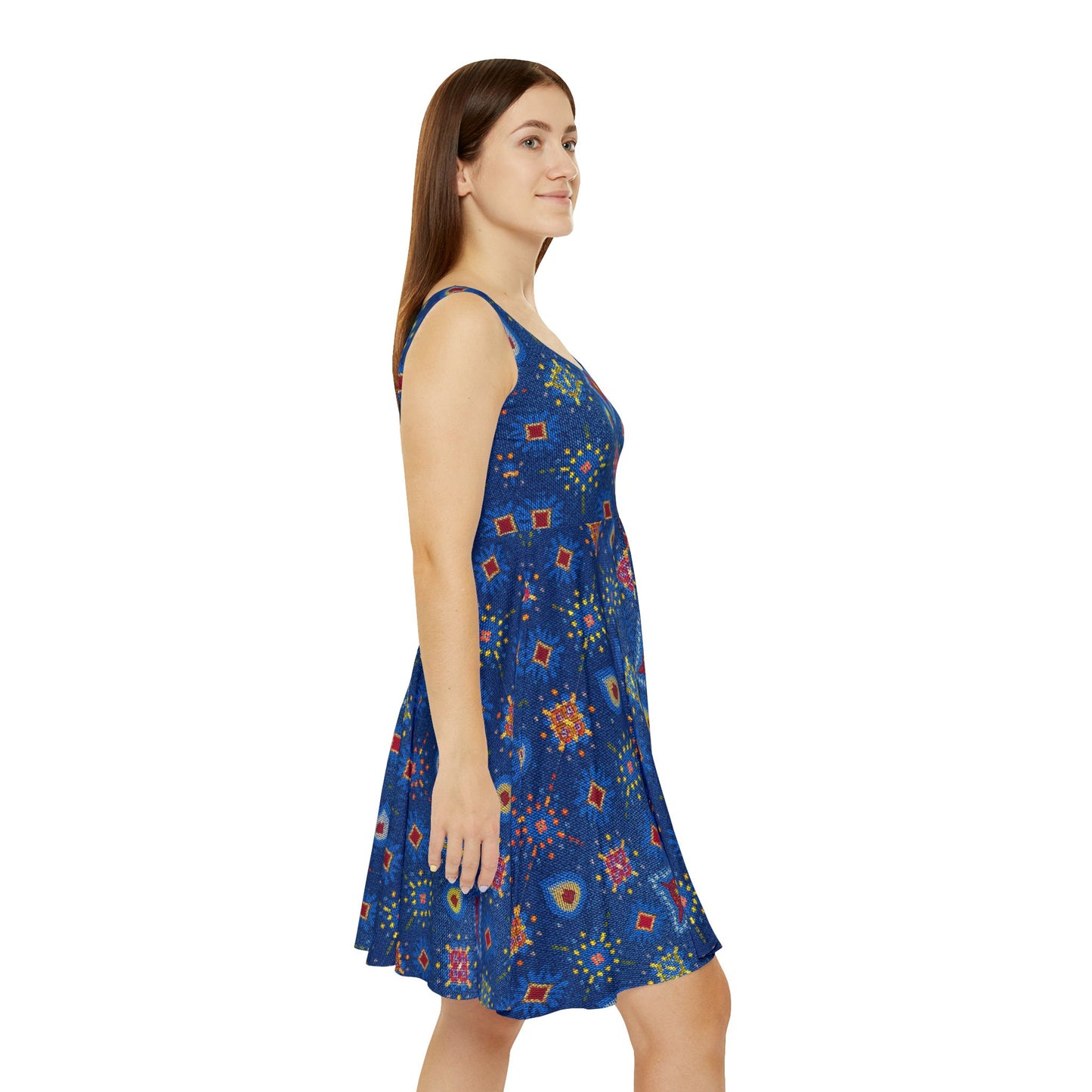 Women Diwali Denim Print Skater Dress, Denim Print Poly-Span Dress - 45