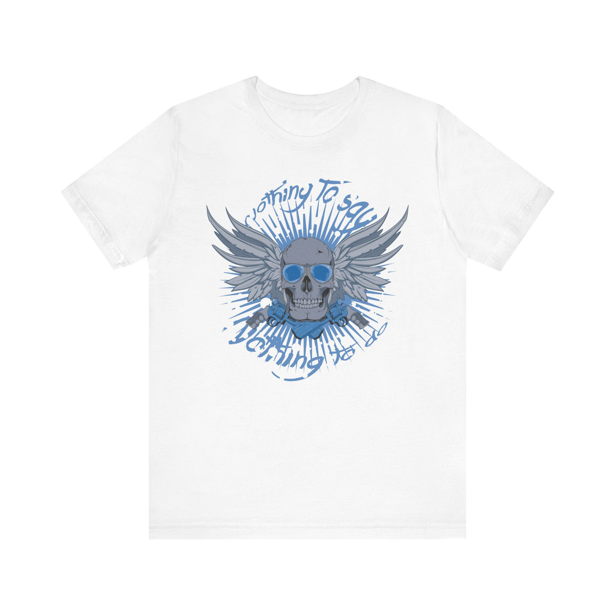 Winged Skull Graphic Tee Blue Skull with Wings Radiant Burst Unisex Cotton