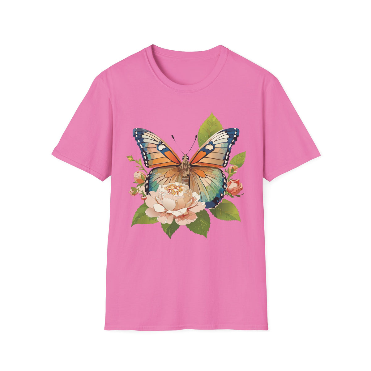 Butterfly Floral T-Shirt — Watercolor Monarch & Roses Graphic Tee Unisex 100 Cotton Gildan T-Shirt