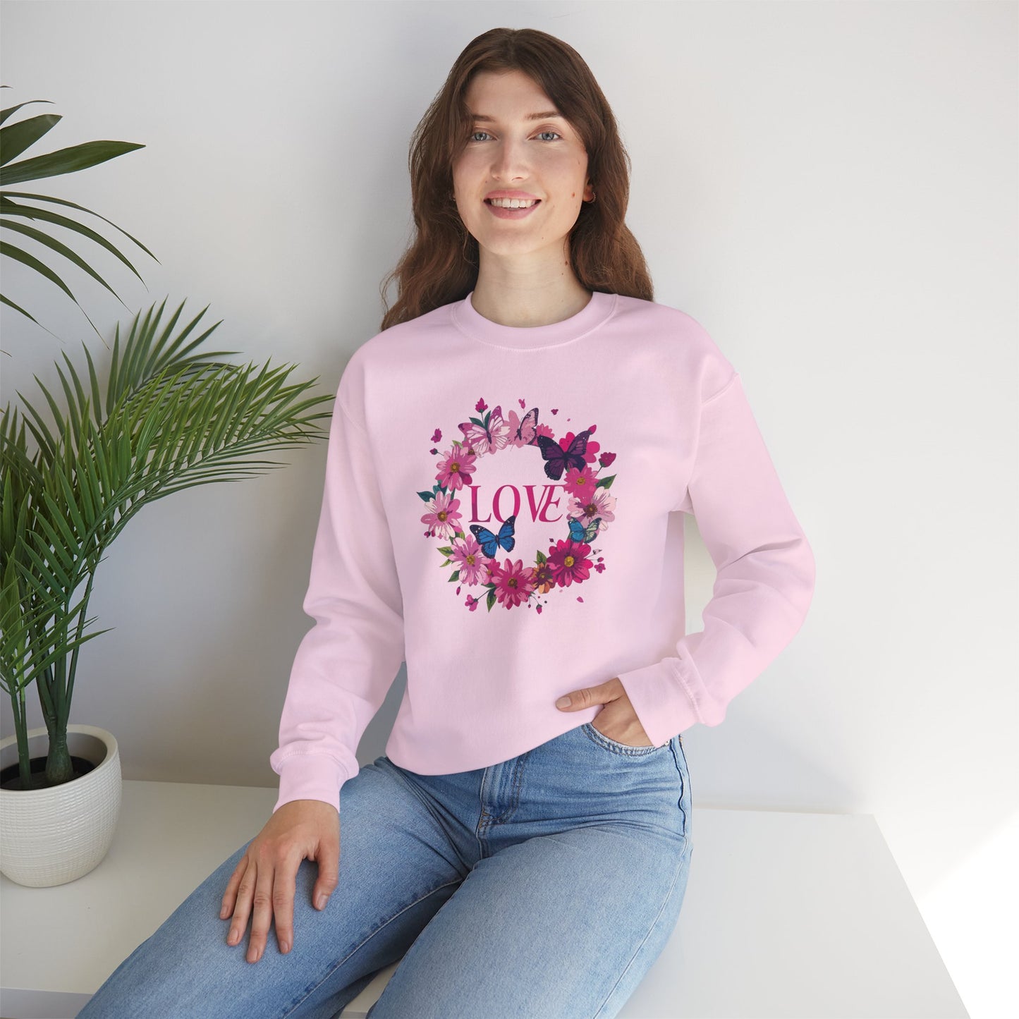 Unisex Floral Love Sweatshirt, Love Floral Sweatshirt, Floral Butterfly Sweatshirt, 50/50 Cotton-Poly Valentine's Day Sweatshirt 04