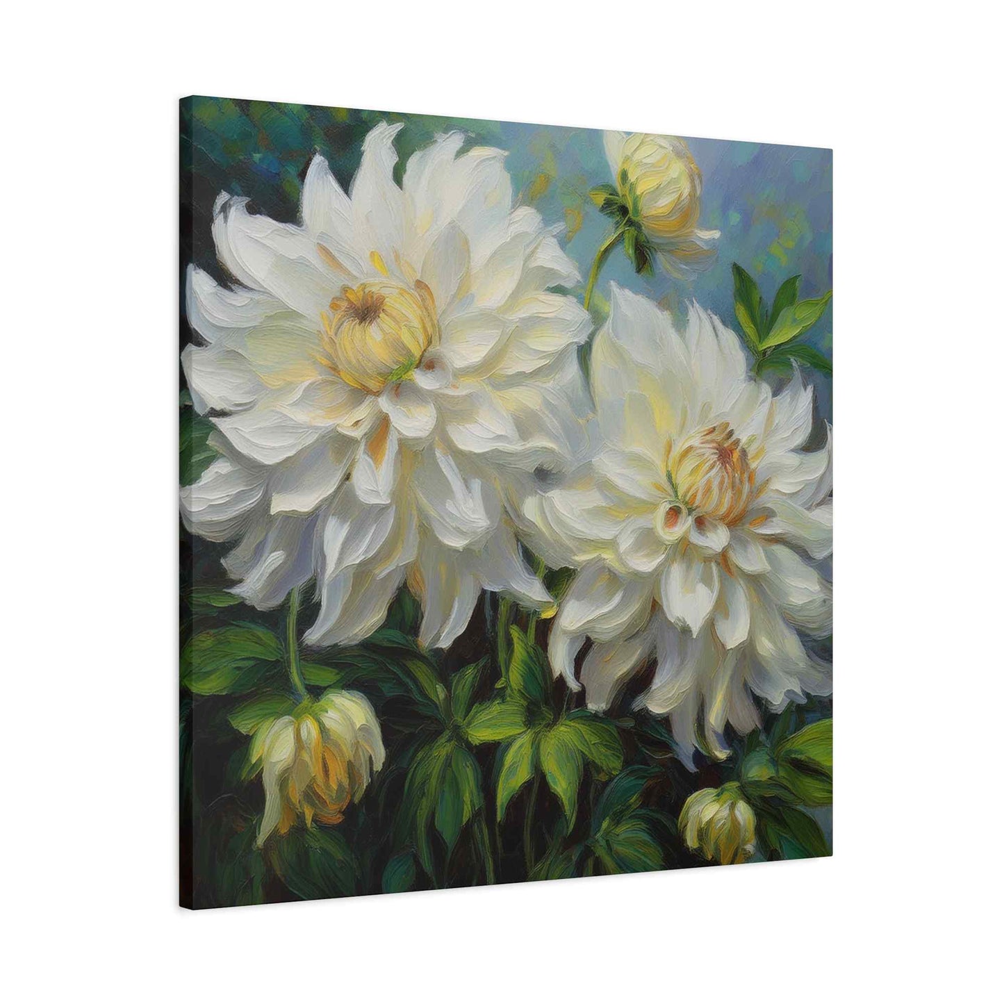 White Dahlias Print Canvas, Floral Oil Paint Print 20x20, 24x24, 30x30, 32x32, 36x36 Art Design Pine-Wood Inner Frame MC-170