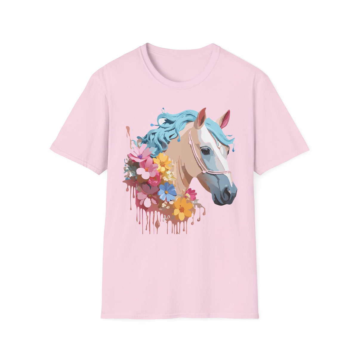 Floral Horse Illustration T-Shirt | Pastel Blue Mane, Watercolor Flowers