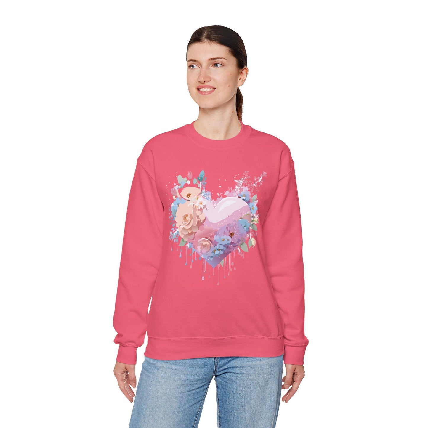 Floral Heart Sweatshirt Unisex Crewneck Valentines Day Floral Love Gildan 18000 Premium