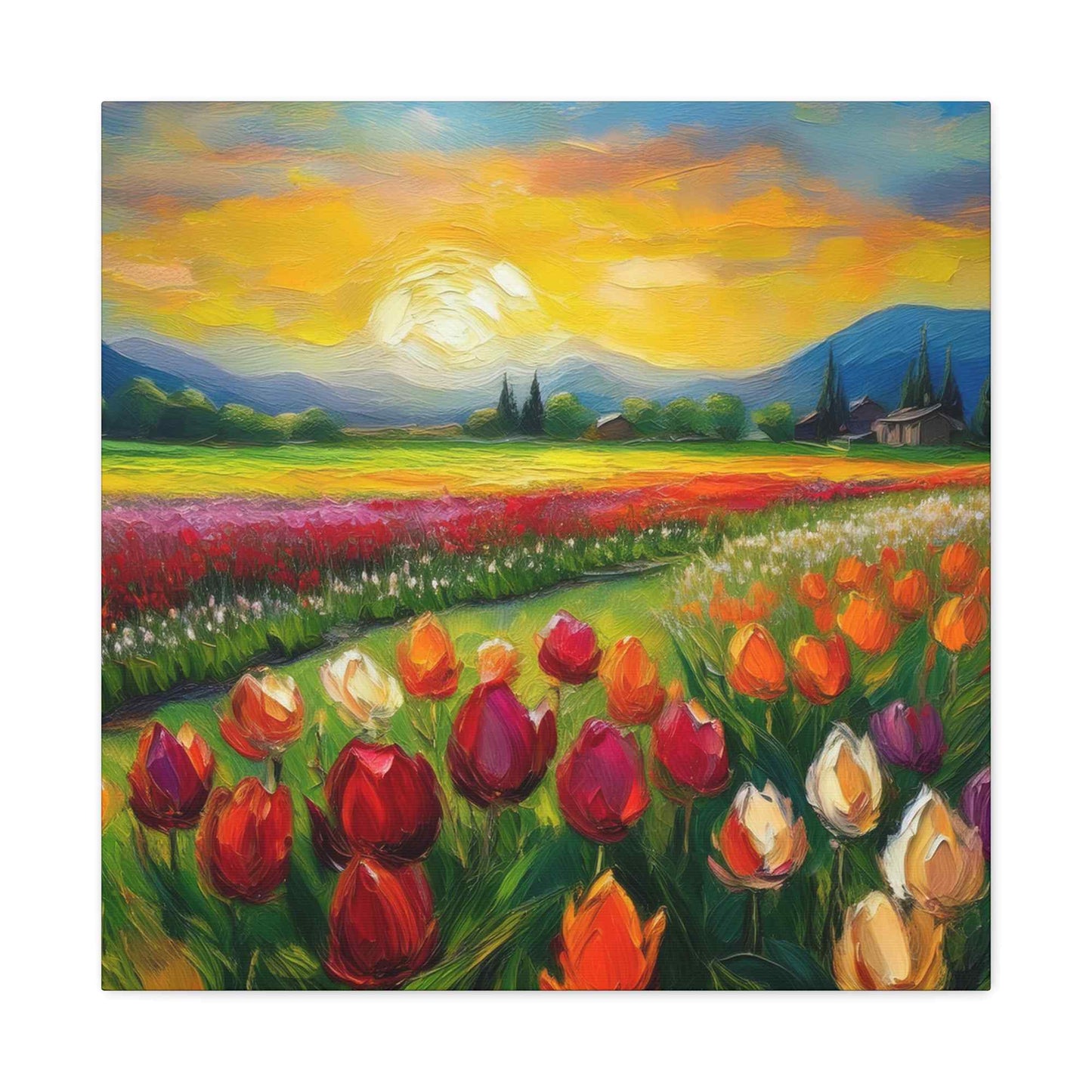Tulips Fields Print Canvas, Floral Oil Paint Print 20x20, 24x24, 30x30, 32x32, 36x36 Art Design Pine-Wood Inner Frame MC-149