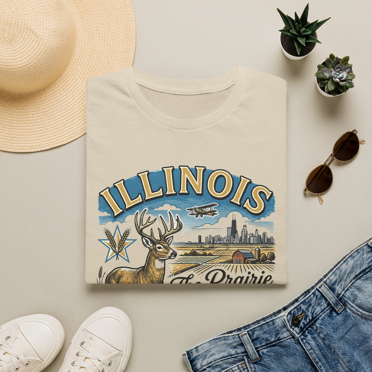 Illinois The Prairie State T-Shirt — Deer & Skyline Vintage Travel Tourist Graphic Tee Unisex 100 Cotton Gildan T-Shirt
