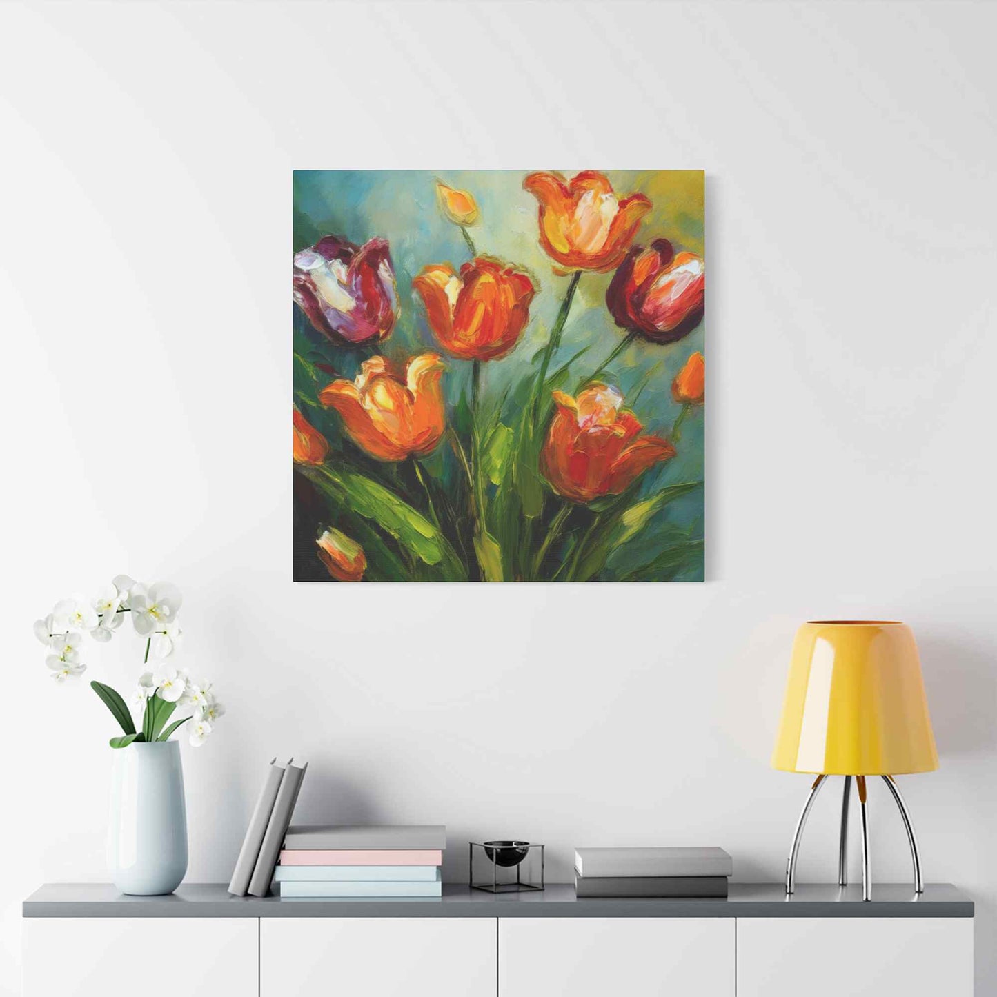Tulips Print Canvas, Floral Oil Paint Print 20x20, 24x24, 30x30, 32x32, 36x36 Art Design Pine-Wood Inner Frame MC-142