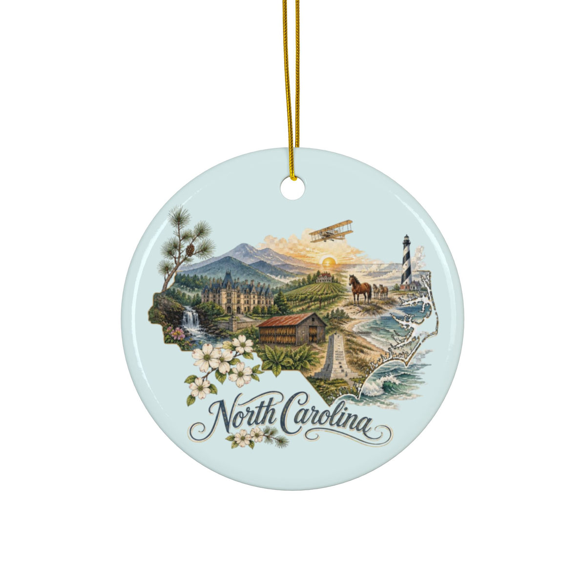 North Carolina State Scene Ornament | Ceramic Round Ornament - 2.99" Includes Gold String