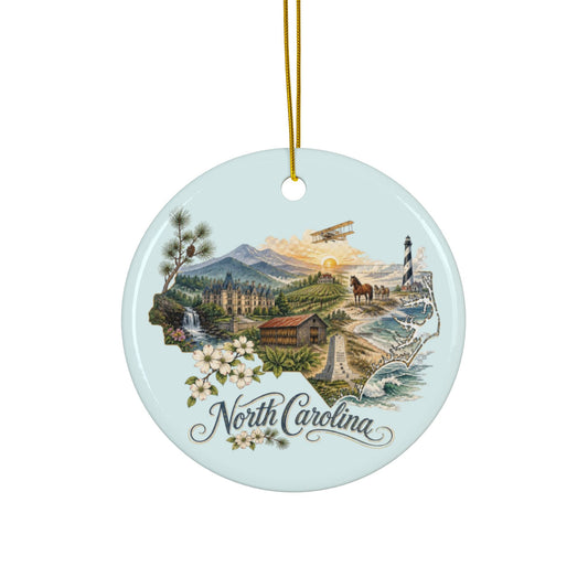 North Carolina State Scene Ornament | Ceramic Round Ornament - 2.99" Includes Gold String