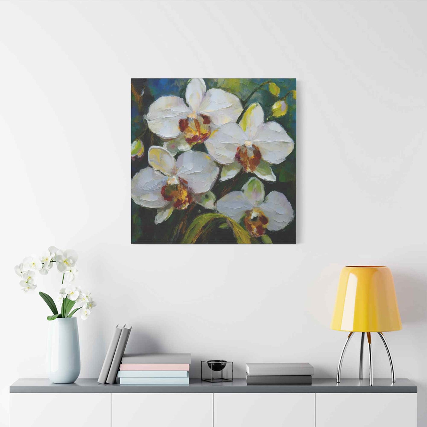 White Orchids Print Canvas, Floral Oil Paint Print 20x20, 24x24, 30x30, 32x32, 36x36 Art Design Pine-Wood Inner Frame MC-136