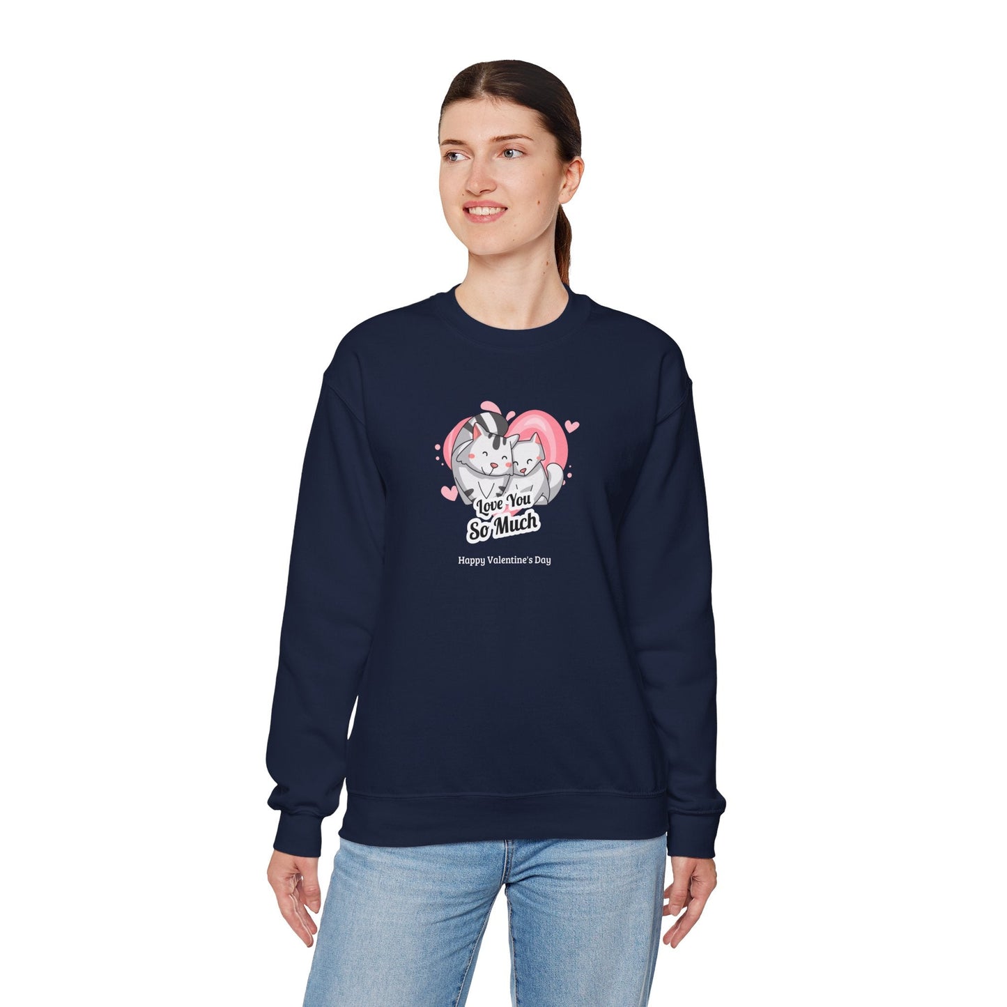 Cat Heart Sweatshirt Valentines Day Unisex 50 50 Cotton Poly Crewneck Gildan 18000