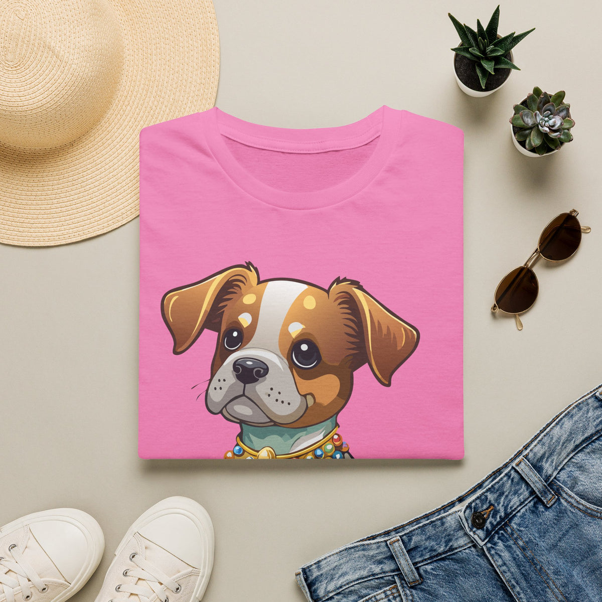 Cute Cartoon Puppy T-Shirt | Colorful Beaded Collar Dog Tee