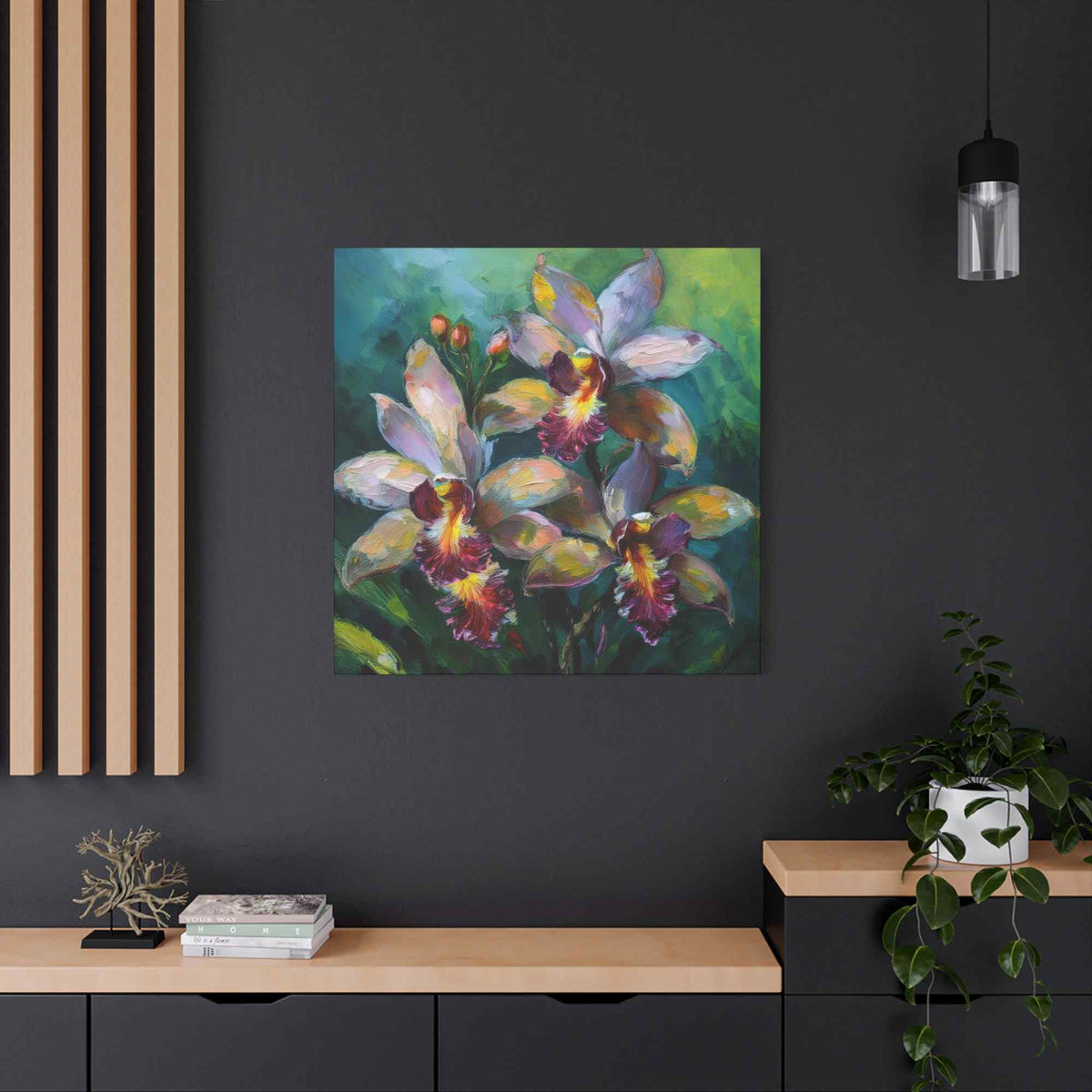 Blue Orchids Print Canvas, Floral Oil Paint Print 20x20, 24x24, 30x30, 32x32, 36x36 Art Design Pine-Wood Inner Frame MC-134