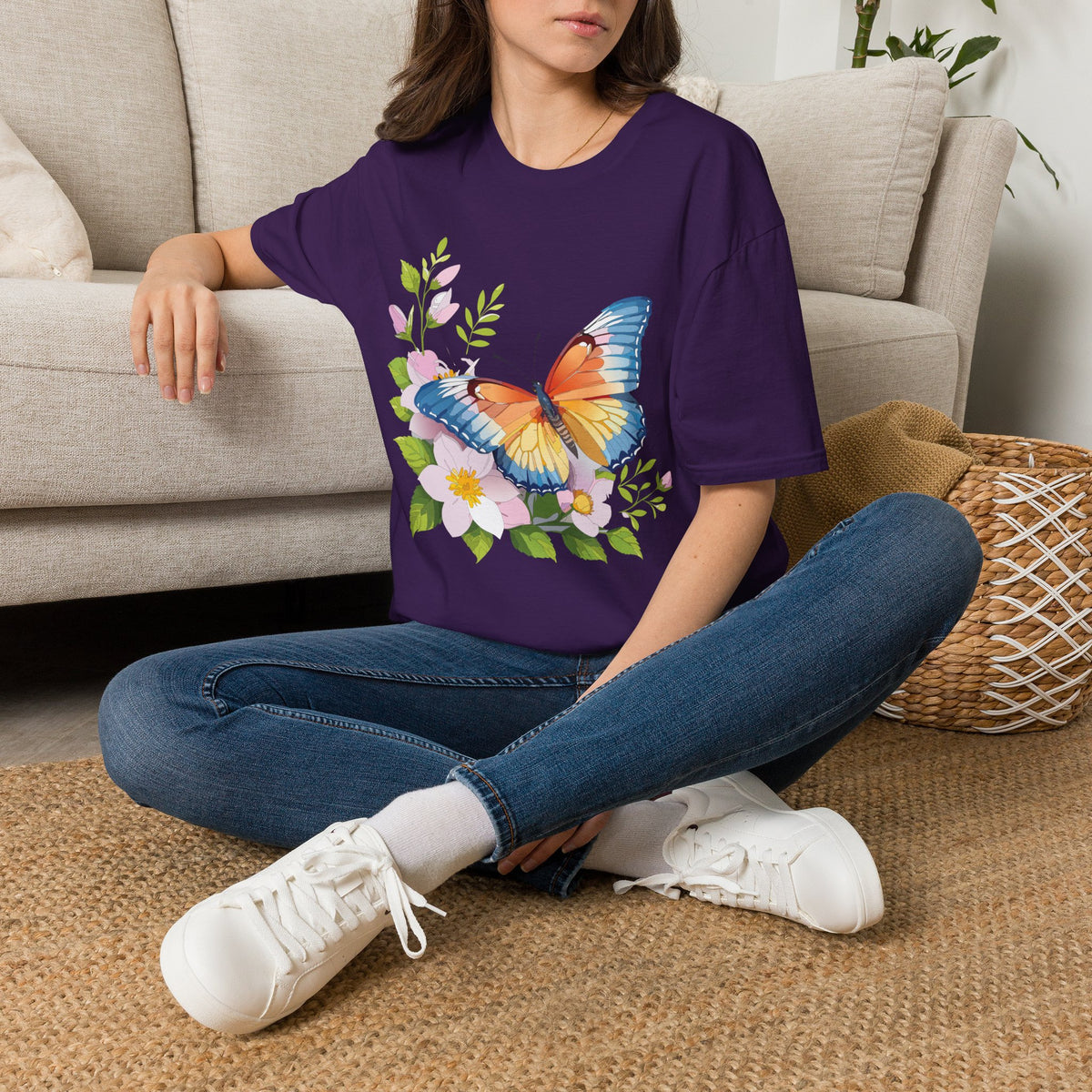Butterfly Floral T-Shirt — Watercolor Orange & Blue Butterfly on Blossoms Graphic Design Unisex 100 Cotton Gildan T-Shirt