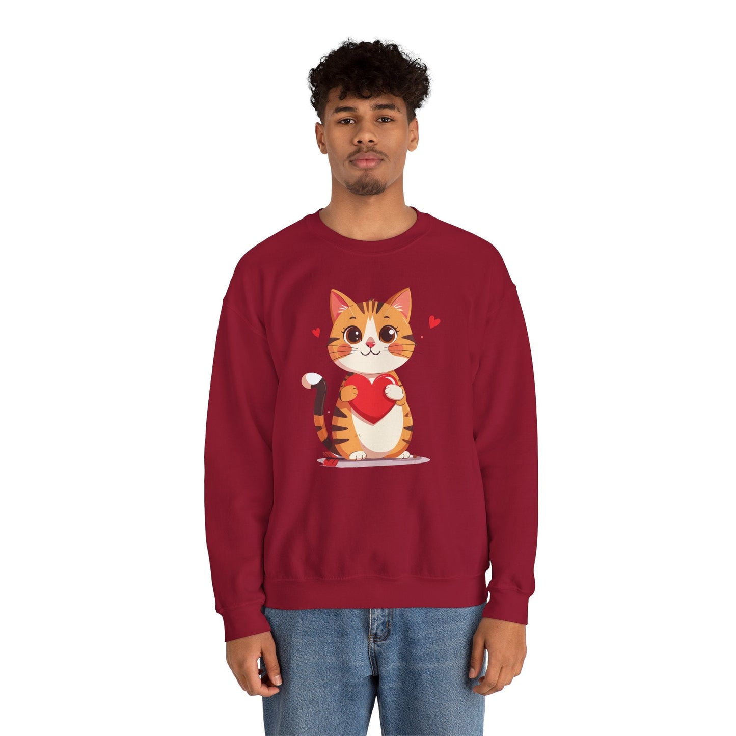Cat Heart Sweatshirt Unisex Fifty Fifty Cotton Polyester Crewneck Valentines Day Gildan 18000