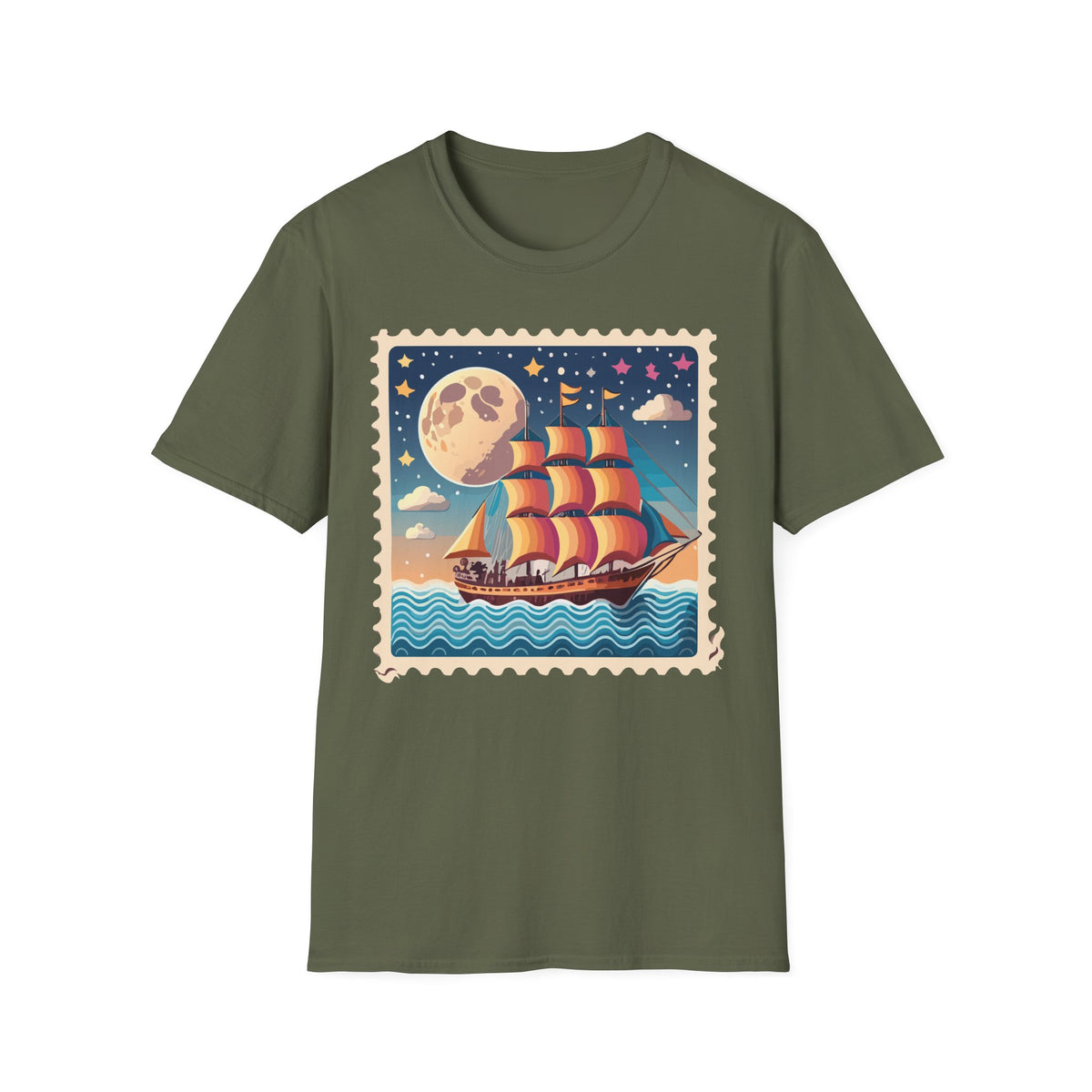 Vintage Sailboat Moon Illustration T-Shirt | Nautical Night Sky