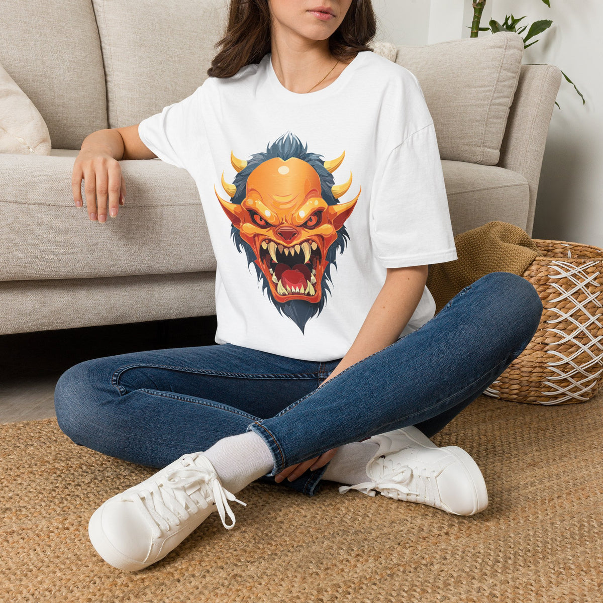 Demonic Oni Mask T-Shirt — Fierce Japanese Demon Face Cartoon Graphic Tee Unisex 100 Cotton Gildan T-Shirt