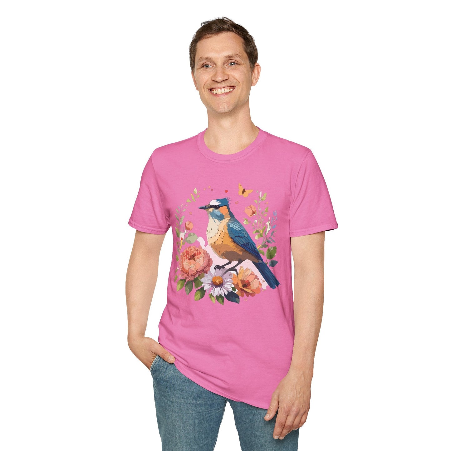 Floral Bird T Shirt Unisex Softstyle Gildan 64000 Tee 100 Percent Ring Spun Cotton