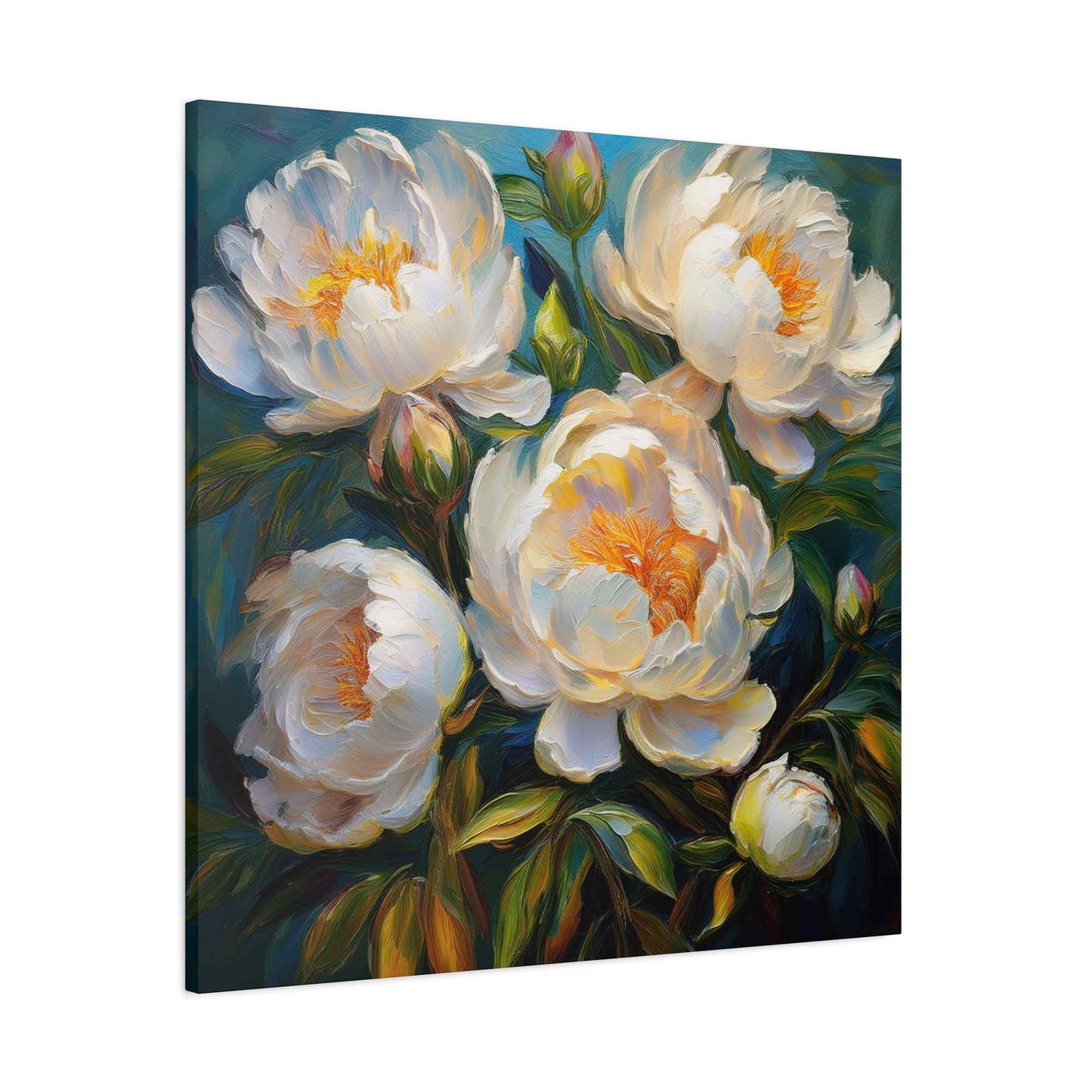 White Peonies Print Canvas, Floral Oil Paint Print 20x20, 24x24, 30x30, 32x32, 36x36 Art Design Pine-Wood Inner Frame MC-118