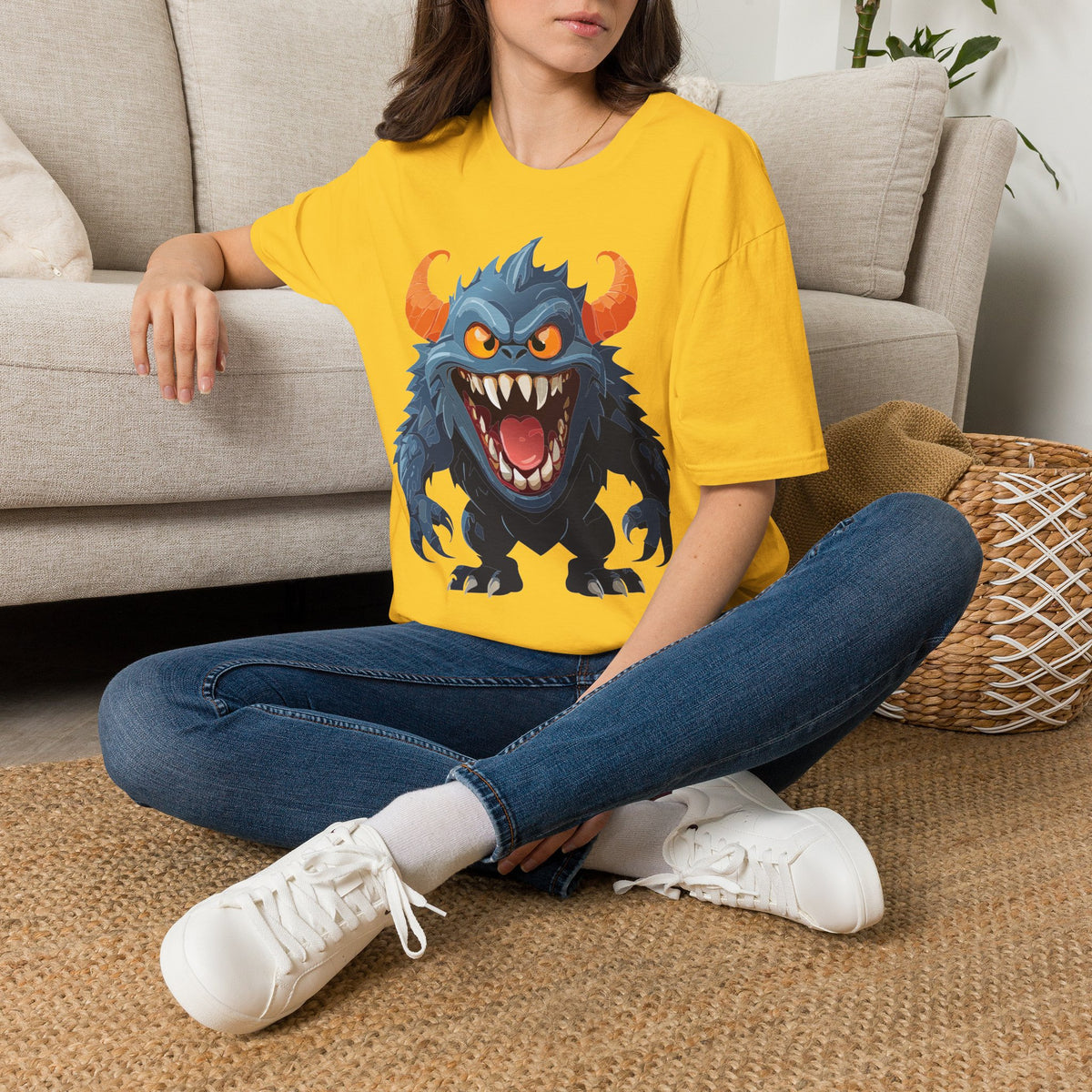 Monster Graphic T-Shirt — Fierce Blue Horned Creature Cartoon Graphic Tee Unisex 100 Cotton Gildan T-Shirt