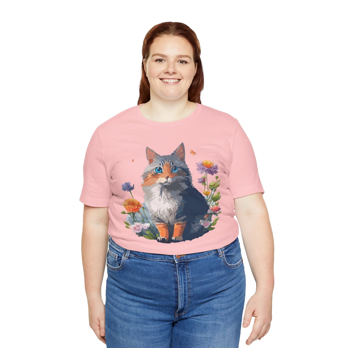 Floral Cat Tee, Animal Shirt, Cat Shirt, Floral Tee, Flower T-shirt, T-Shirt with Animal, Summer Top with Art Design
