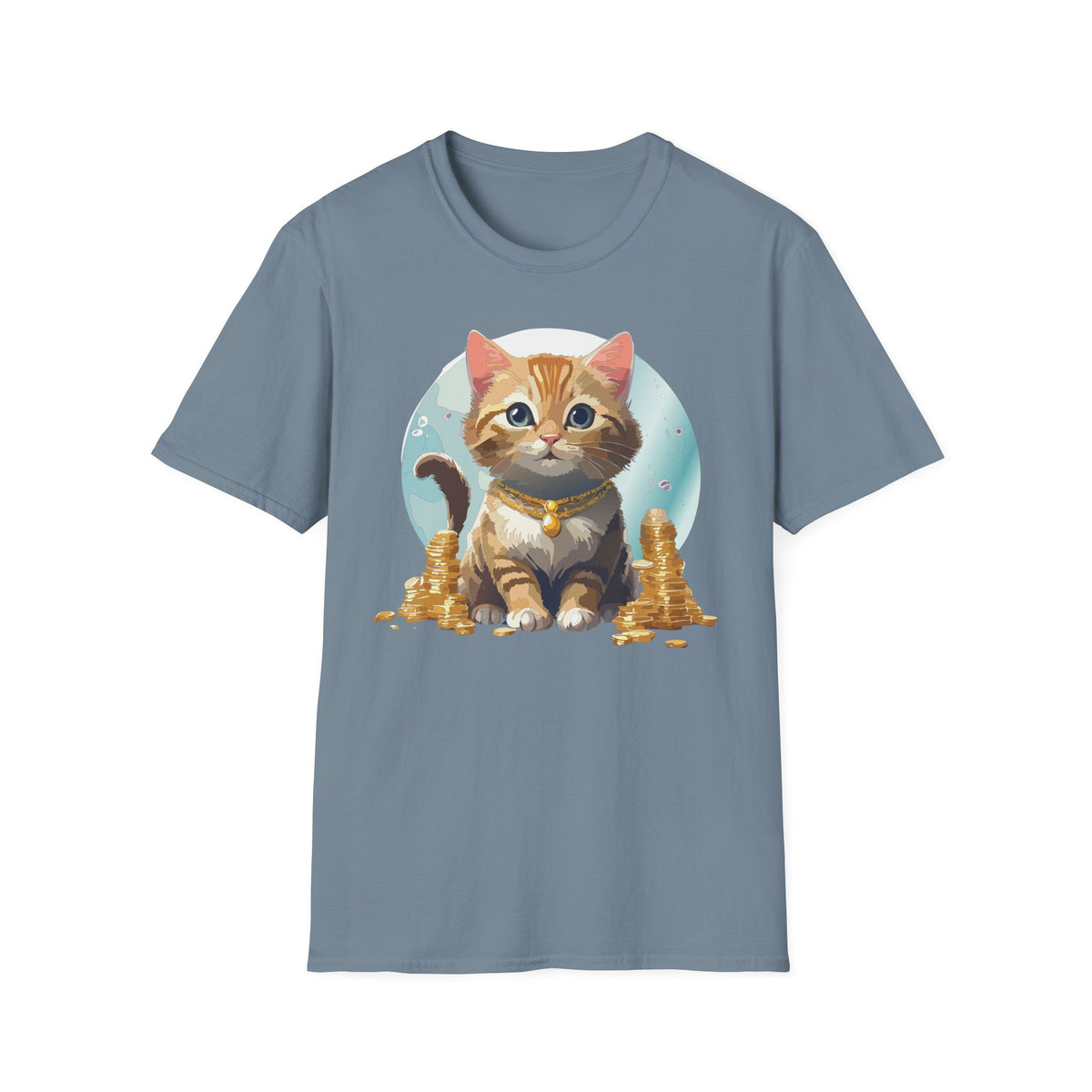 Lucky Cat Illustration T-Shirt | Cute Kitten with Coins