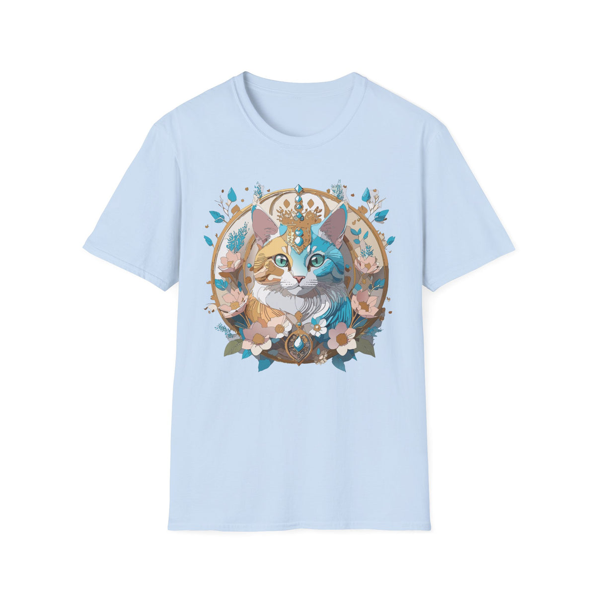 Two-Tone Cat Portrait T-Shirt | Floral Crescent, Boho Kitty