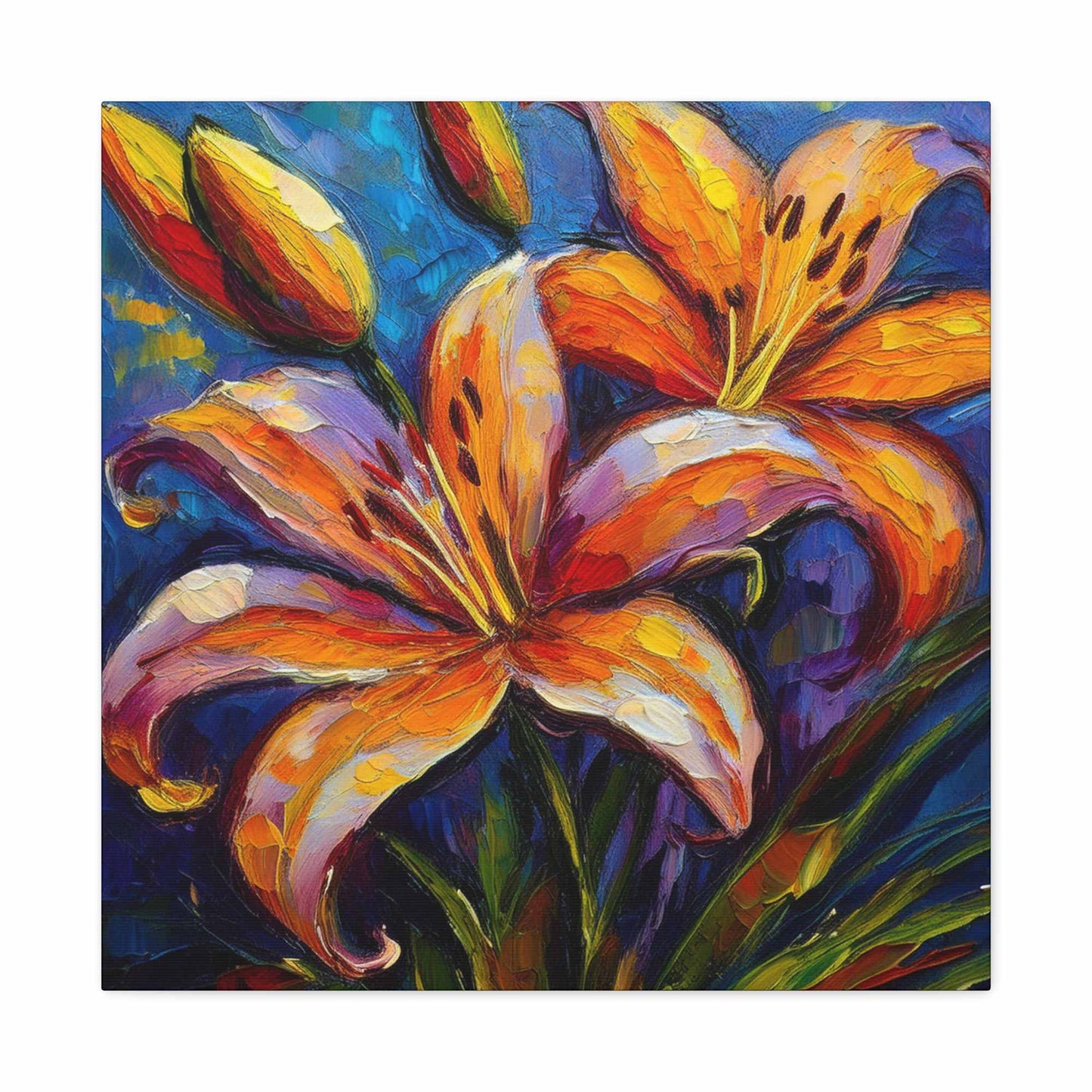 Gold Lilies Print Canvas, Floral Oil Paint Print 20x20, 24x24, 30x30, 32x32, 36x36 Art Design Pine-Wood Inner Frame MC-151