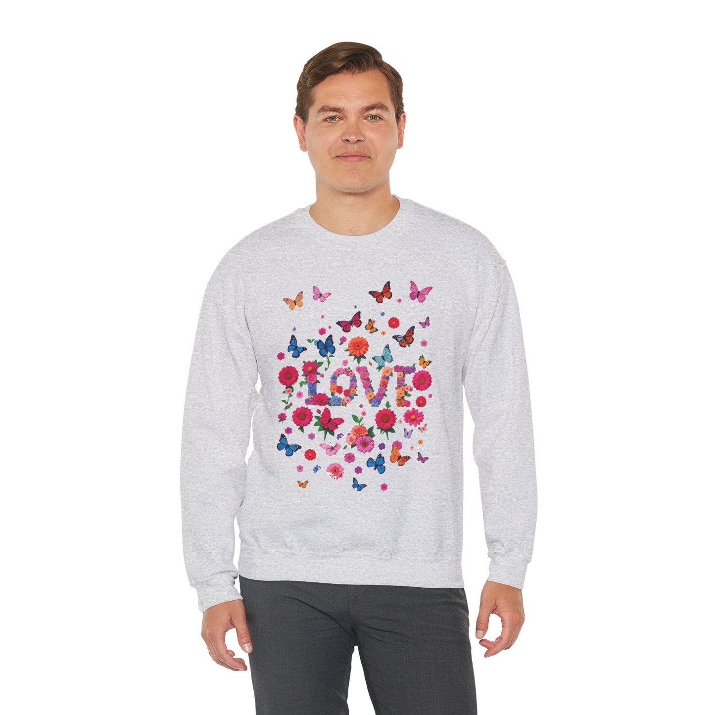 Unisex Floral Love Butterfly Sweatshirt Fifty Fifty Cotton Poly Valentine Day