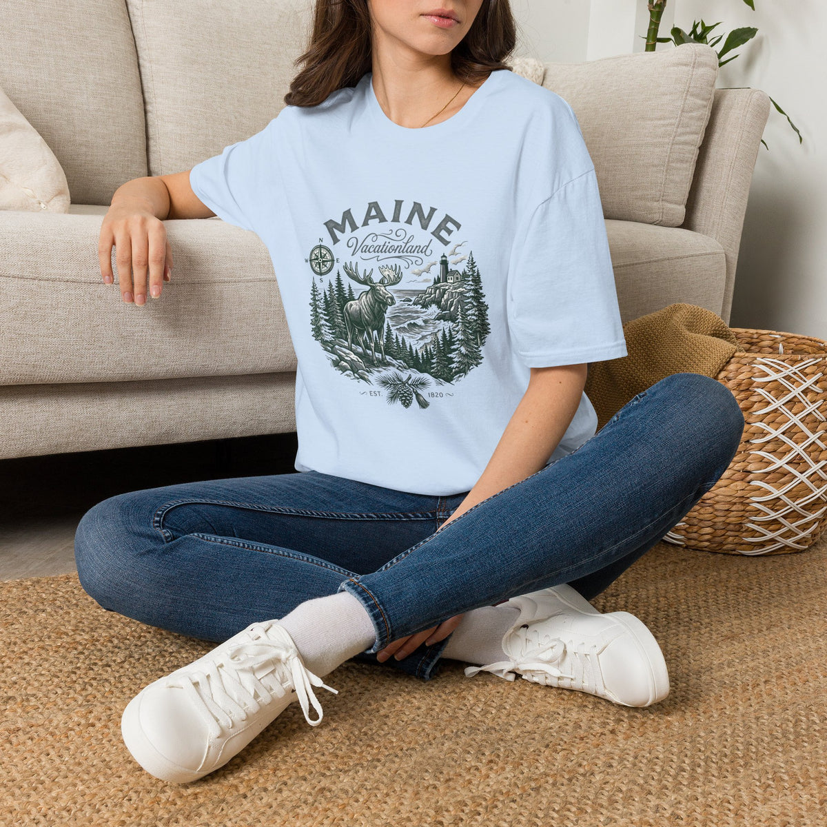 Maine Wilderness Moose Graphic T-Shirt — Vintage State Nature Travel Tourist Graphic Design Unisex 100 Cotton Gildan T-Shirt