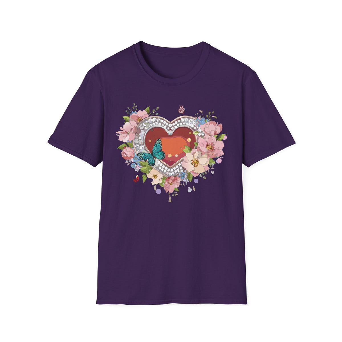 Heart with Floral Wreath and Butterfly T-Shirt | Romantic Floral Tee