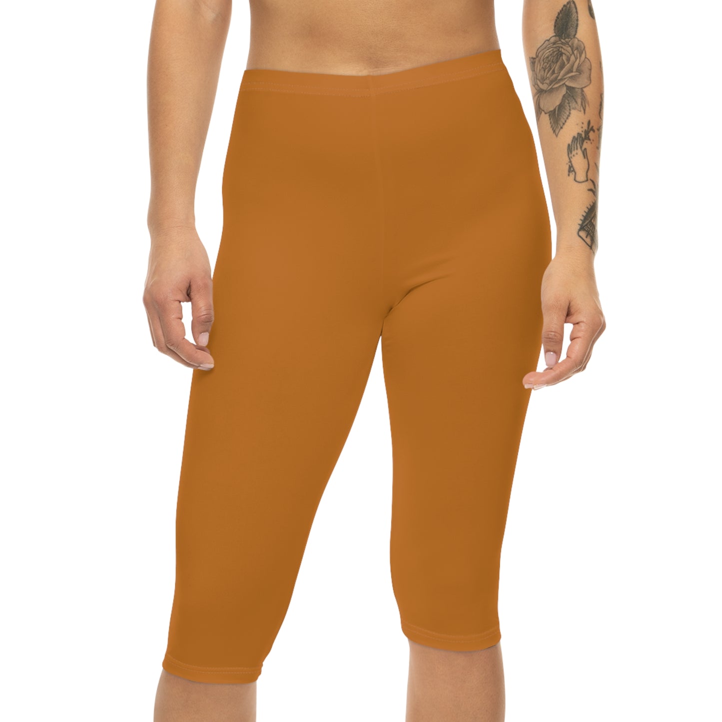 Ochre Orange Color Women's Brushed Suede Poly Span Casual Capri Leggings XS-2XL
