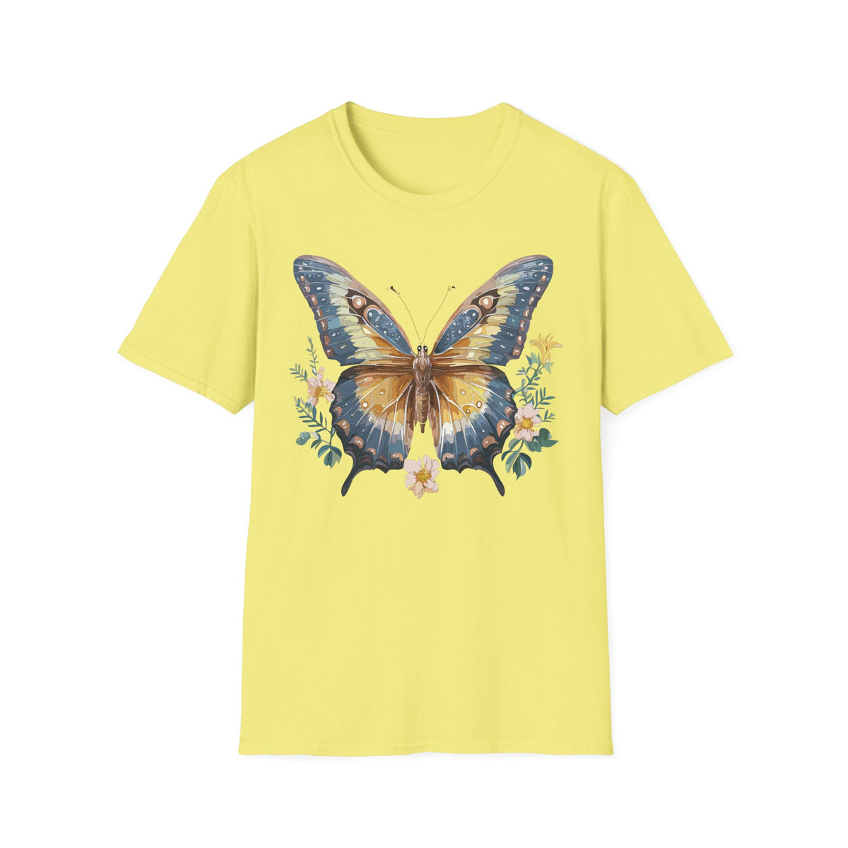 Golden Blue Butterfly T-Shirt | Botanical Accent Graphic Tee Unisex 100 Cotton Gildan T-Shirt