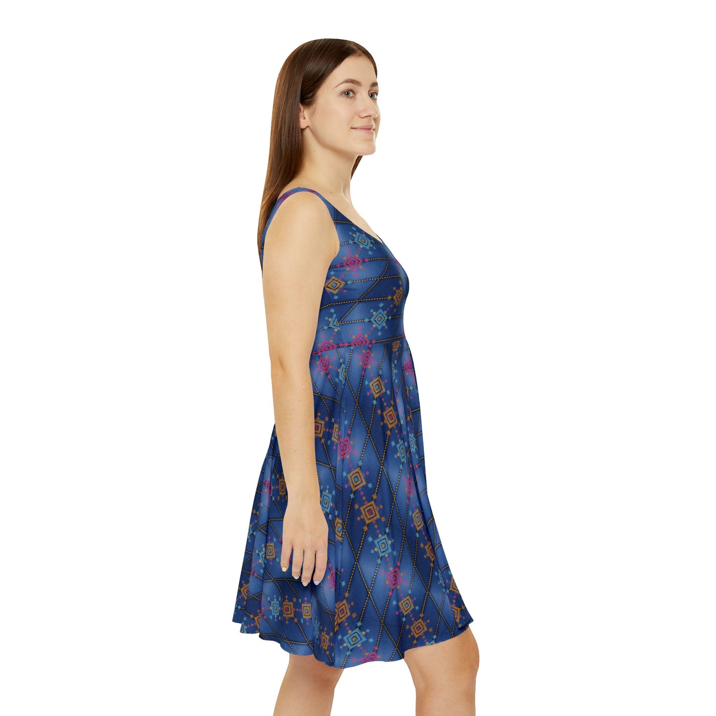 Women Diwali Denim Print Skater Dress, Denim Print Poly-Span Dress - 47