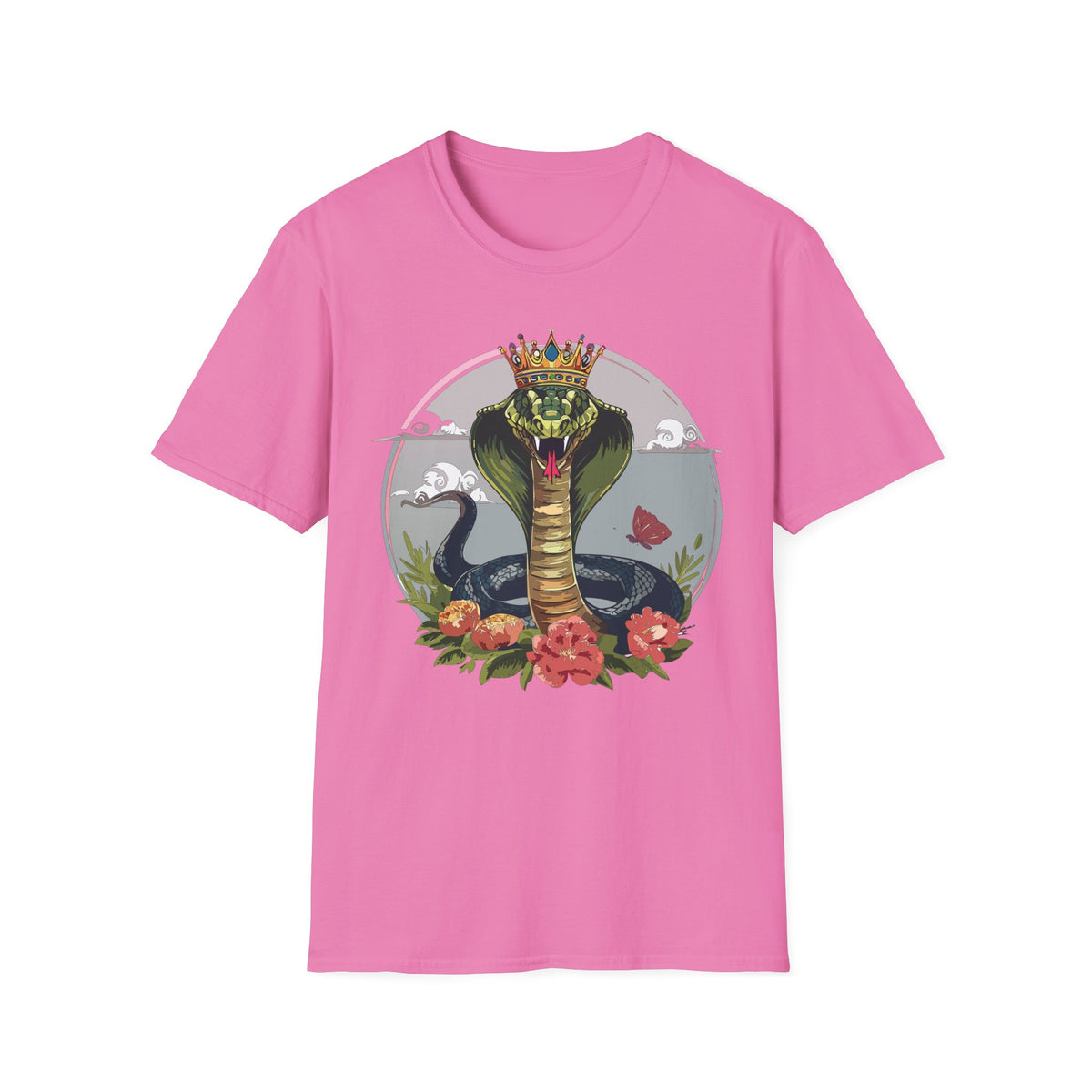 Crowned King Cobra T-Shirt | Snake Illustration, Floral Accent