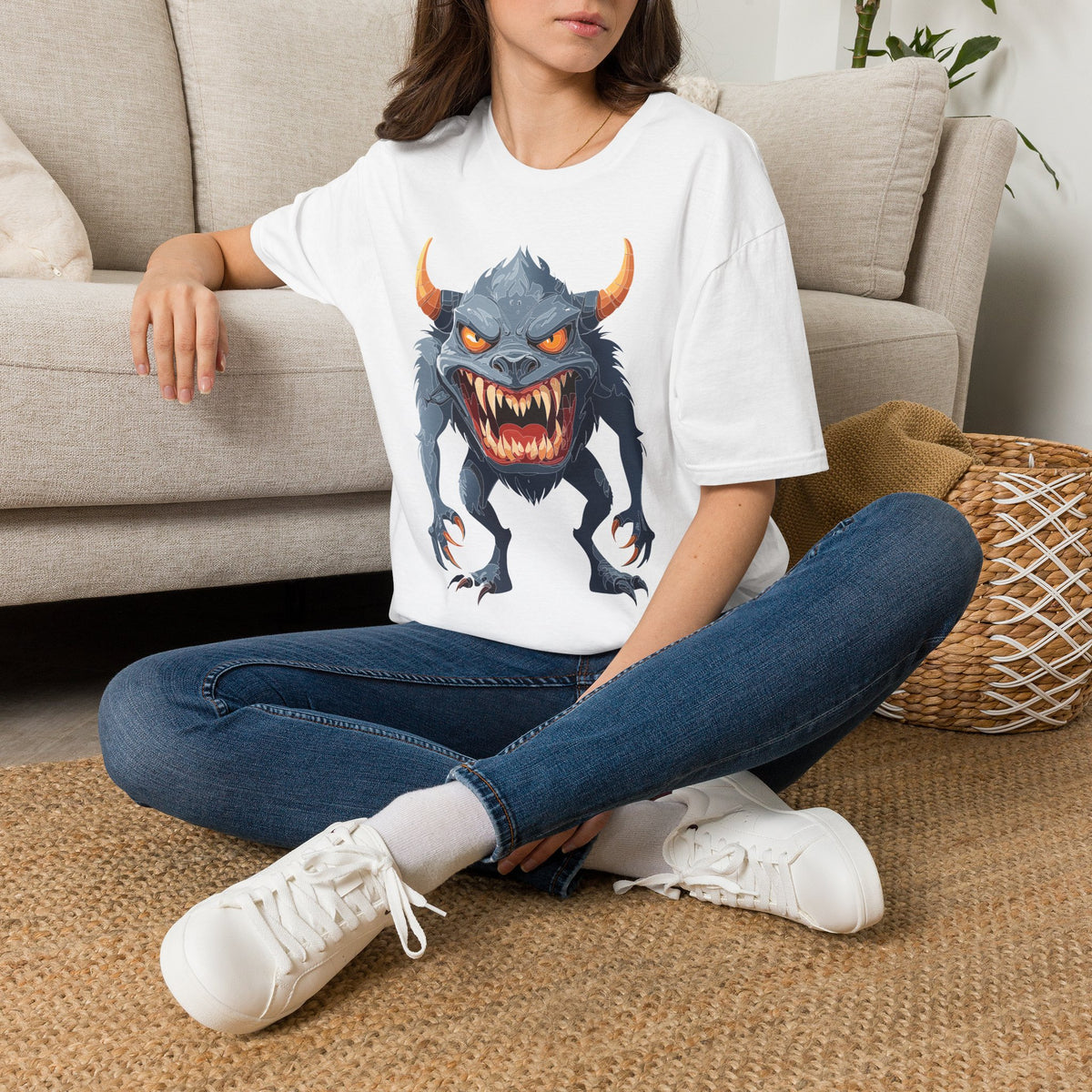 Demonic Monster Graphic T-Shirt — Fierce Horned Creature Cartoon Graphic Tee Unisex 100 Cotton Gildan T-Shirt
