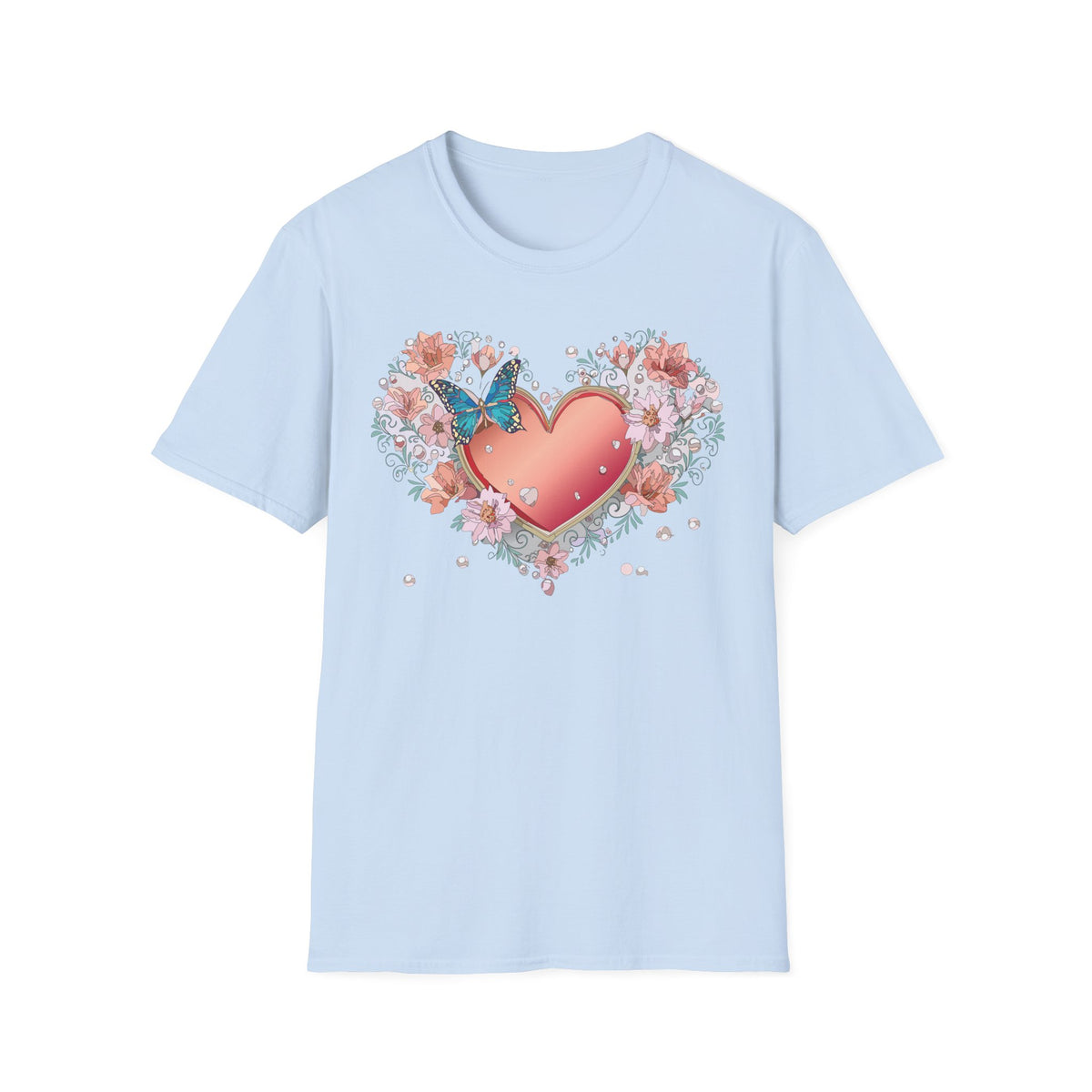 Butterfly Heart Floral Blue Butterfly Graphic Design Unisex 100 Cotton Gildan T-Shirt