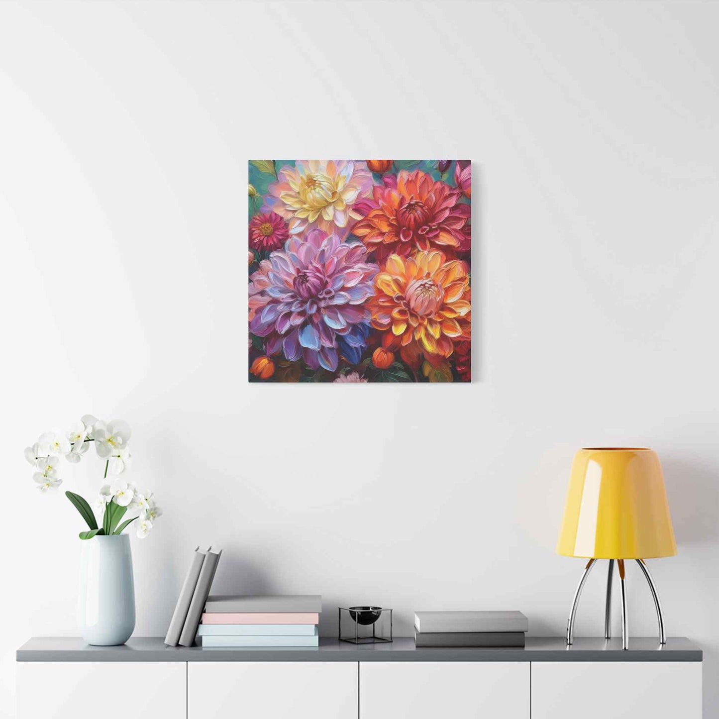 Dahlias Floral Print Canvas, Floral Oil Paint Print 20x20, 24x24, 30x30, 32x32, 36x36 Art Design Pine-Wood Inner Frame MC-167