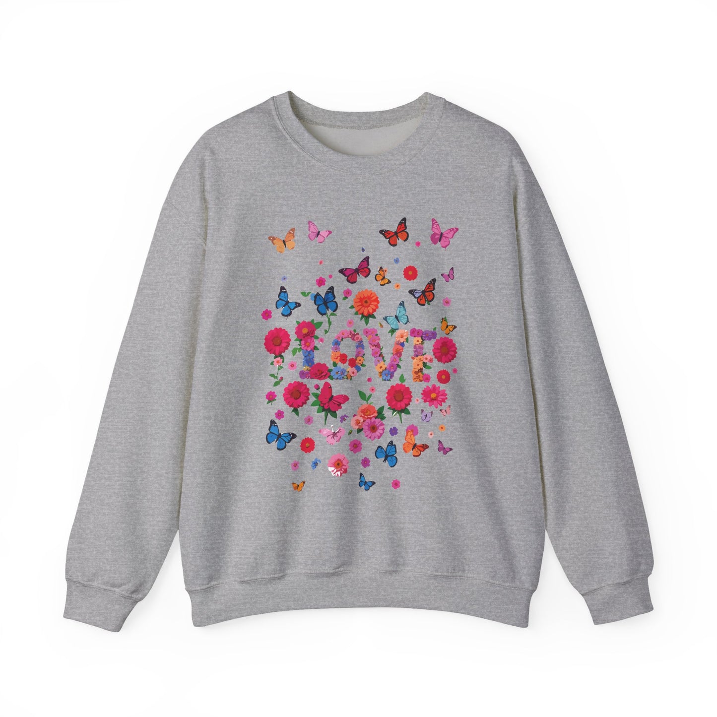 Unisex Floral Love Sweatshirt, Love Floral Sweatshirt, Floral Butterfly Sweatshirt, 50/50 Cotton-Poly Valentine's Day Sweatshirt 07