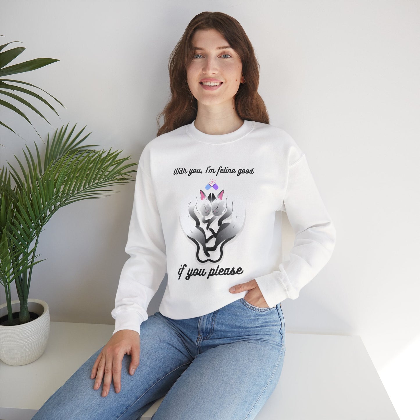 Double Cat Heart Sweatshirt Unisex Fifty Fifty Cotton Poly Valentines Day Sweatshirt