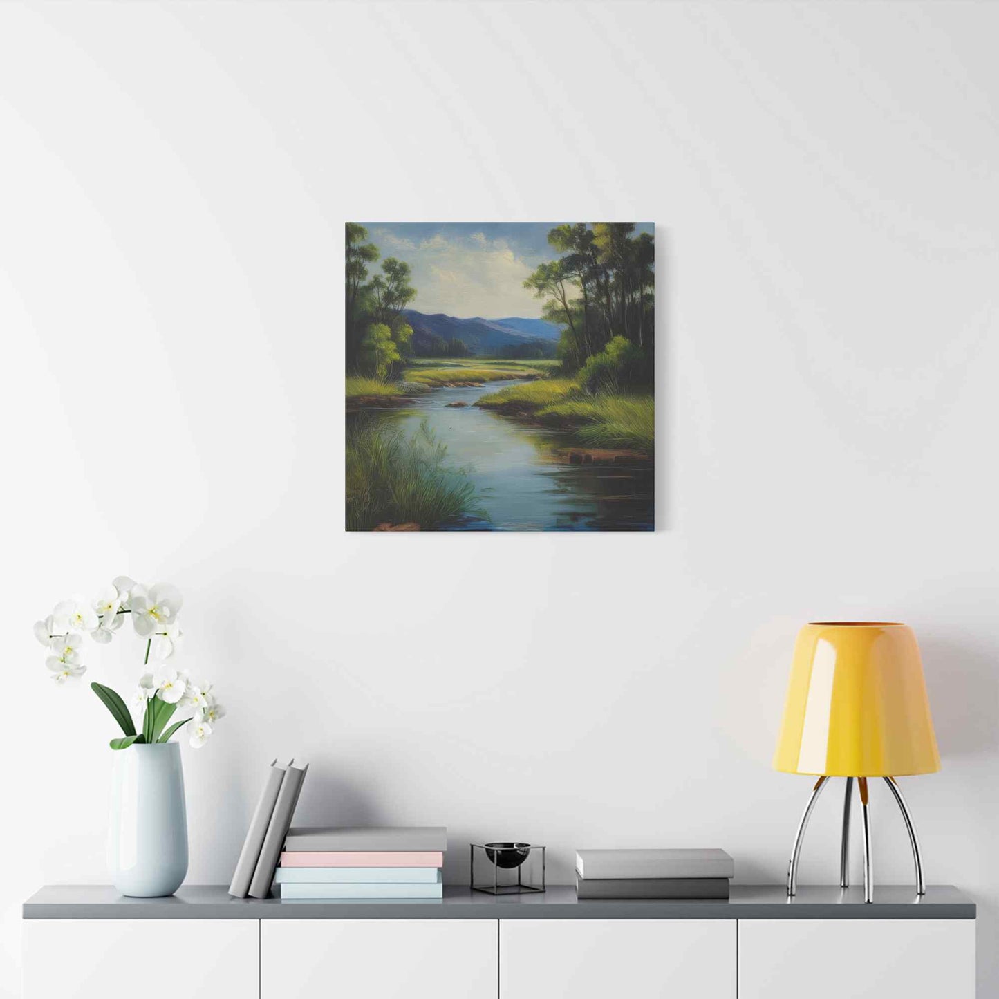 River Print Canvas, Landscape Oil Paint Print 20x20, 24x24, 30x30, 32x32, 36x36 Art Design Print Pine-Wood Inner Frame MC-54