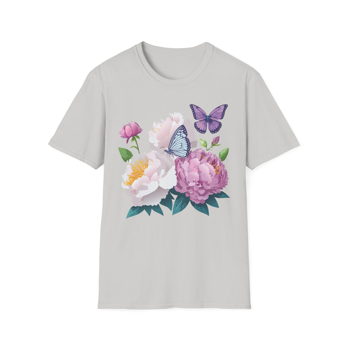 Floral Peonies & Butterflies T-Shirt — pastel garden tee for spring, Mother's Day Graphic Tee Unisex 100 Cotton Gildan T-Shirt